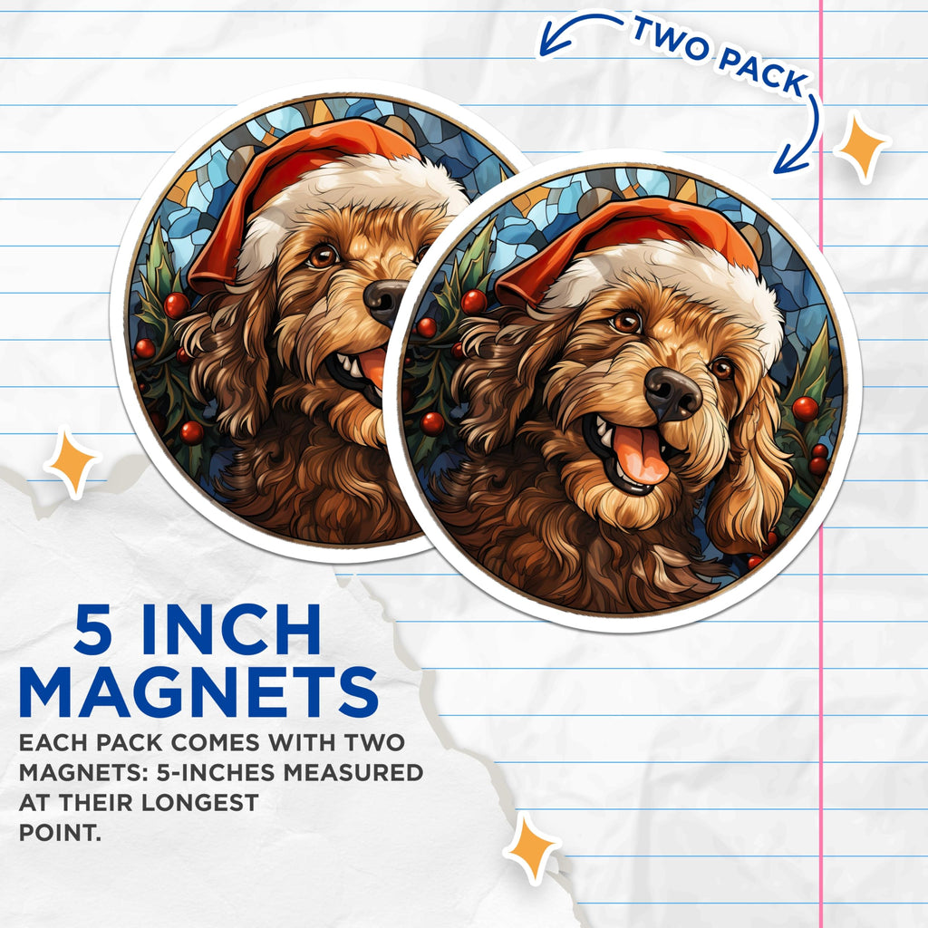 (2 Pack) Christmas Dog Magnets - Stained Glass Pet Decor - Santa Hat Puppy Lover - 5 Inches On Longest Side - Thick Durable Magnet - Made in USA - MAG30185