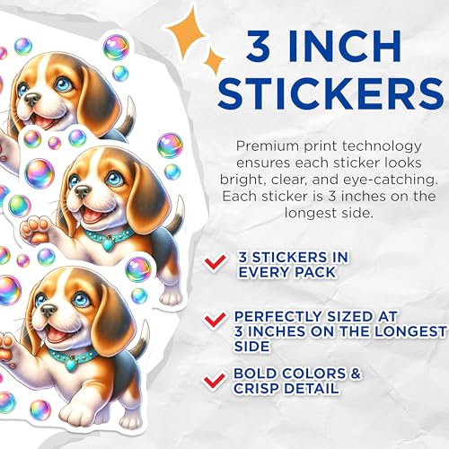 (3 Pack) Beagle Puppy Decals - Playful Dog Stickers - Colorful Bubbles - 3 Inches On Longest Side - Easy Peel & Apply - Made in USA - 3MCS8380