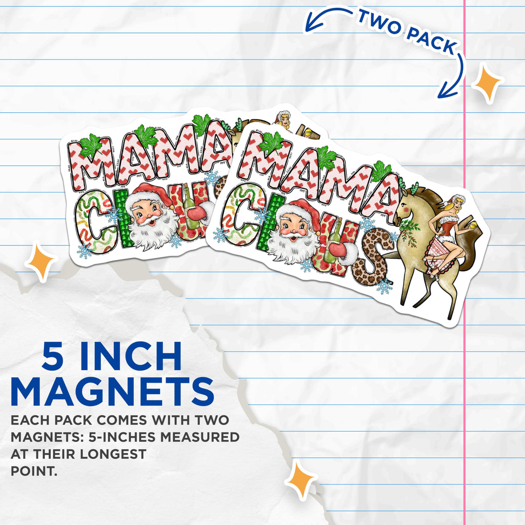 (2 Pack) Mama Claus Christmas Magnets - Funny Holiday Fridge Decor - Pin Up Reindeer Rider - Festive Kitchen Accessories - 5 Inches On Longest Side - Thick Durable Magnet - Made in USA - MAG28841
