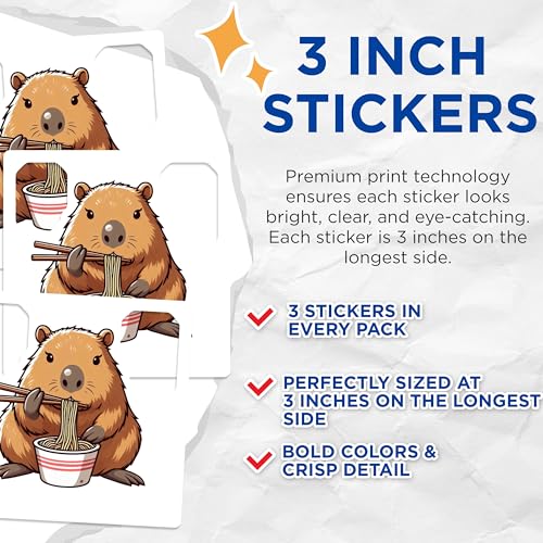 (3 Pack) Capybara Decals - Ramen Lover Decals - Funny Animal Stickers - 3 Inches On Longest Side - Easy Peel & Apply - Made in USA - 3MCS8676