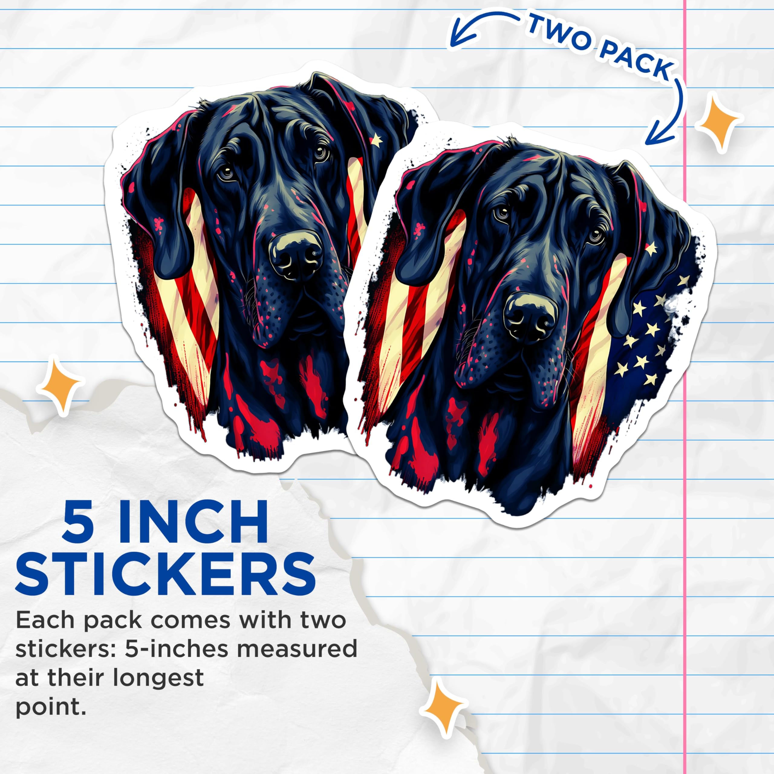 (2 Pack) Patriotic Dog Stickers - Great Dane with American Flag Stickers - Pet Lover Vinyl Decals - 5" On Longest Side - Sticks to Any Smooth Flat Surface - Made in USA - BMCS3542