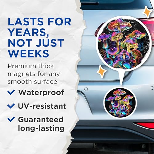 (2 Pack) Psychedelic Mushroom Magnets - Neon Art - Colorful Trippy Design - Unique Home - 5" On Longest Side - for Cars, Fridges, Toolboxes - Made in USA - MAG6567