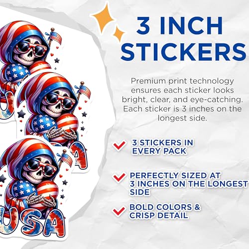 (3 Pack) Patriotic Reaper Decals - USA Flag - Laptop Decal - 3 Inches On Longest Side - Easy Peel & Apply - Made in USA - 3MCS6682