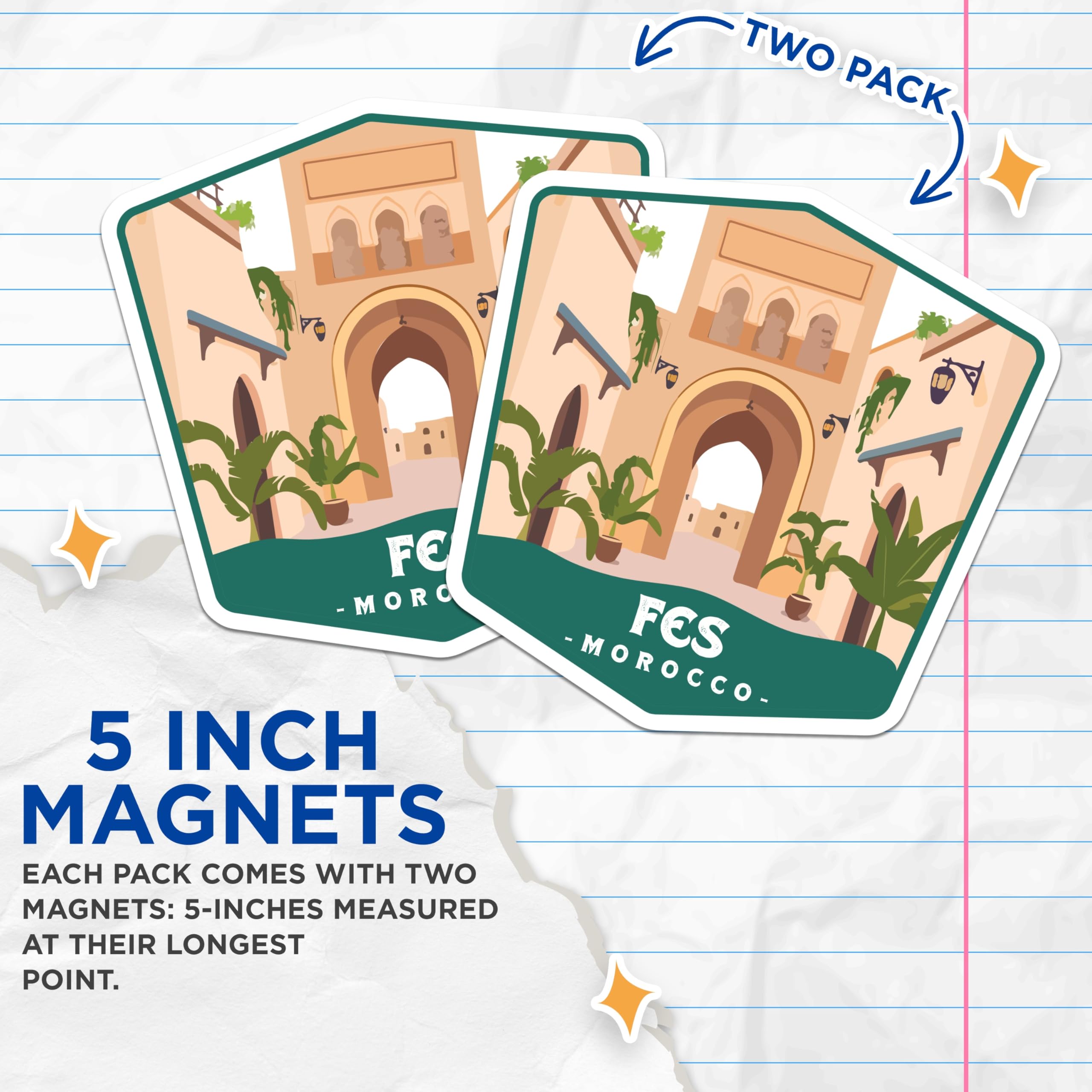 (2 Pack) FES Morocco Magnets - Moroccan Architecture Art - Travel Destination Souvenir - 5 Inches On Longest Side - Thick Durable Magnet - Made in USA - MAG20095