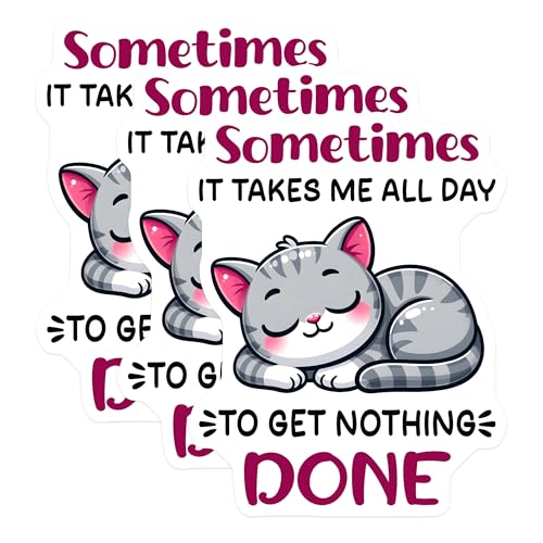 (3 Pack) Funny Cat Decals - Procrastination Decal - Lazy Day Decal - 3 Inches On Longest Side - Easy Peel & Apply - Made in USA - 3MCS4424