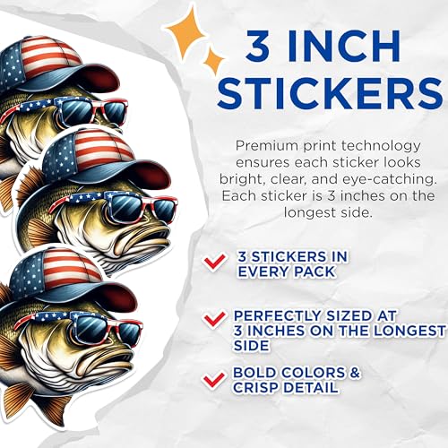 (3 Pack) American Bass Decals - Patriotic Fishing Stickers - USA Laptop Decal - 3 Inches On Longest Side - Easy Peel & Apply - Made in USA - 3MCS0250
