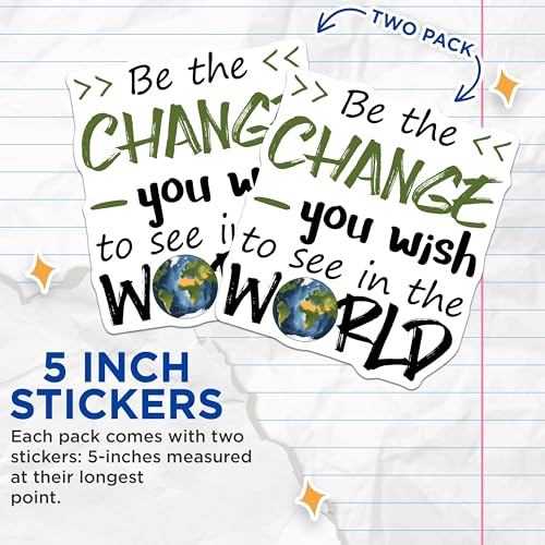 (2 Pack) Inspirational Quote Stickers - Be The Change You Wish to See - Motivational Words Vinyl Decal - 5" On Longest Side - Sticks to Smooth Flat Surfaces - Made in USA - BMCS7696