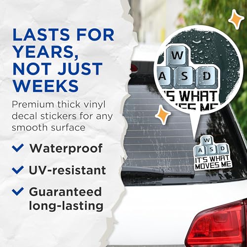 (2 Pack) WASD It's What Moves Me Stickers - Gamer Decal - Video Game Lover Accessories - 5" On Longest Side - Sticks to Smooth Flat Surfaces - Made in USA - BMCS7425