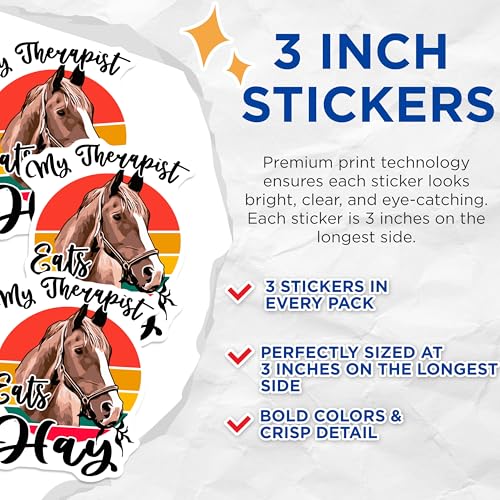 (3 Pack) My Therapist Eats Hay Decals - Funny Horse Lover - Equestrian Decal - 3 Inches On Longest Side - Easy Peel & Apply - Made in USA - 3MCS4452