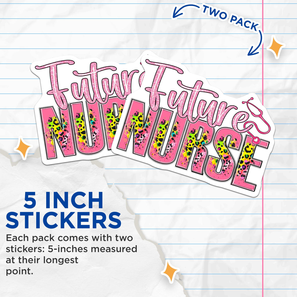 (2 Pack) Future Nurse Stickers - Nursing Student Decals - Leopard Print Nurse - 5" On Longest Side - Sticks to Smooth Flat Surfaces - Made in USA - BMCS18580