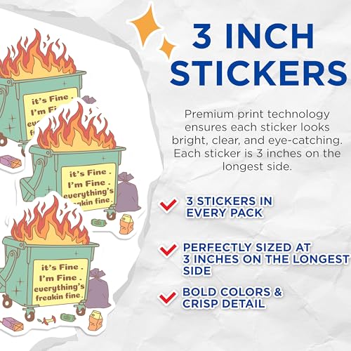 (3 Pack) Dumpster Fire Decals - Everything is Fine - Laptop Decal - 3 Inches On Longest Side - Easy Peel & Apply - Made in USA - 3MCS4649