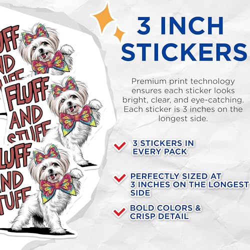 (3 Pack) Maltese Dog Decals - Fluff and Stuff - Puppy Bow Decals - 3 Inches On Longest Side - Easy Peel & Apply - Made in USA - 3MCS7283