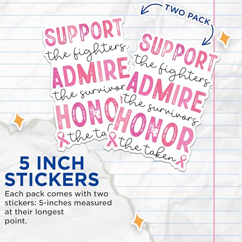 (2 Packs) Support The Fighters Admire The Survivors Honor The Taken Stickers - Breast Cancer Awareness Decals - 5" On Longest Side - Sticks to Any Smooth Flat Surface - Made in USA - BMCS2447