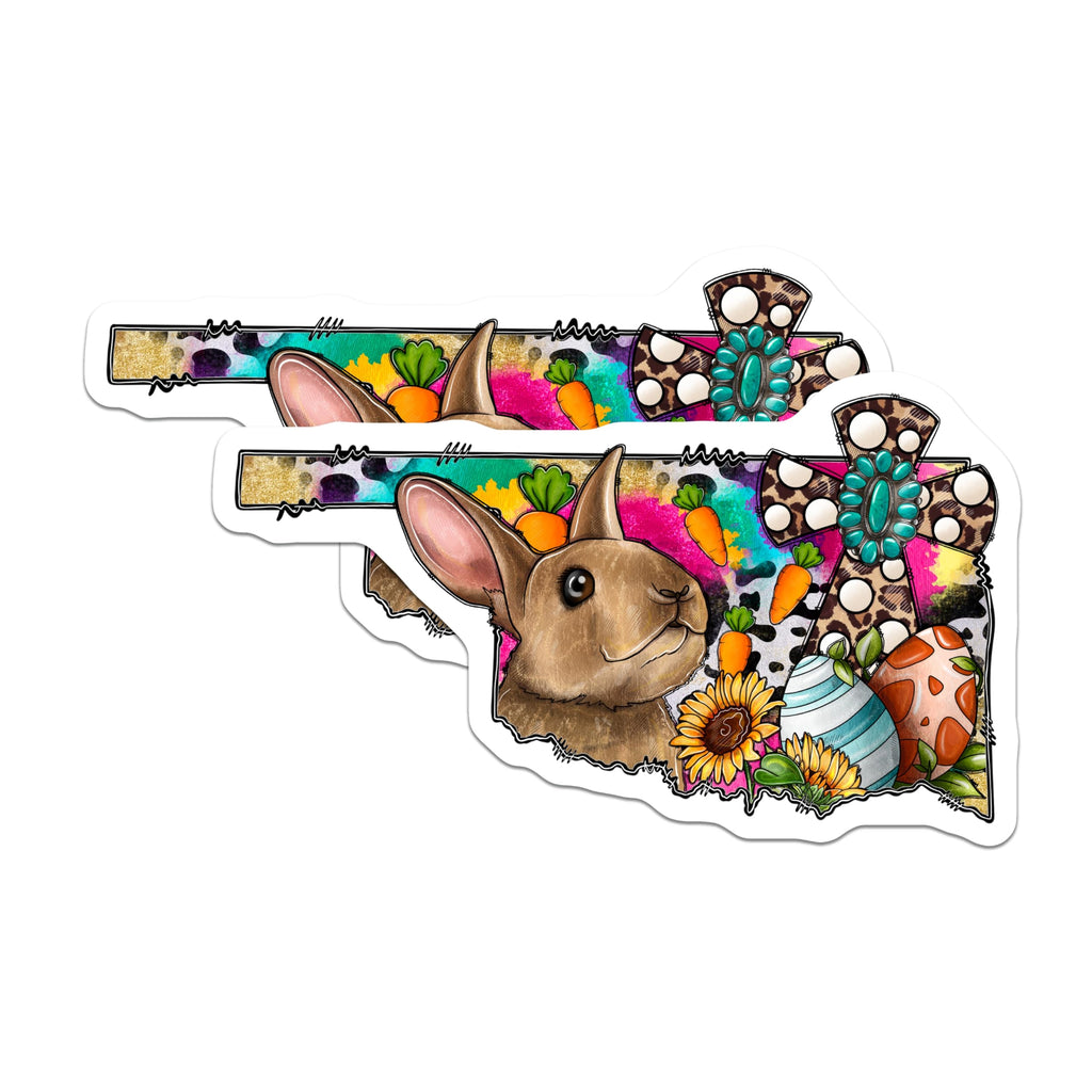 (2 Pack) Oklahoma Easter Bunny Magnets - Western Boho Spring Decor - Farmhouse Cow Print Turquoise - 5 Inches On Longest Side - Thick Durable Magnet - Made in USA - MAG27220