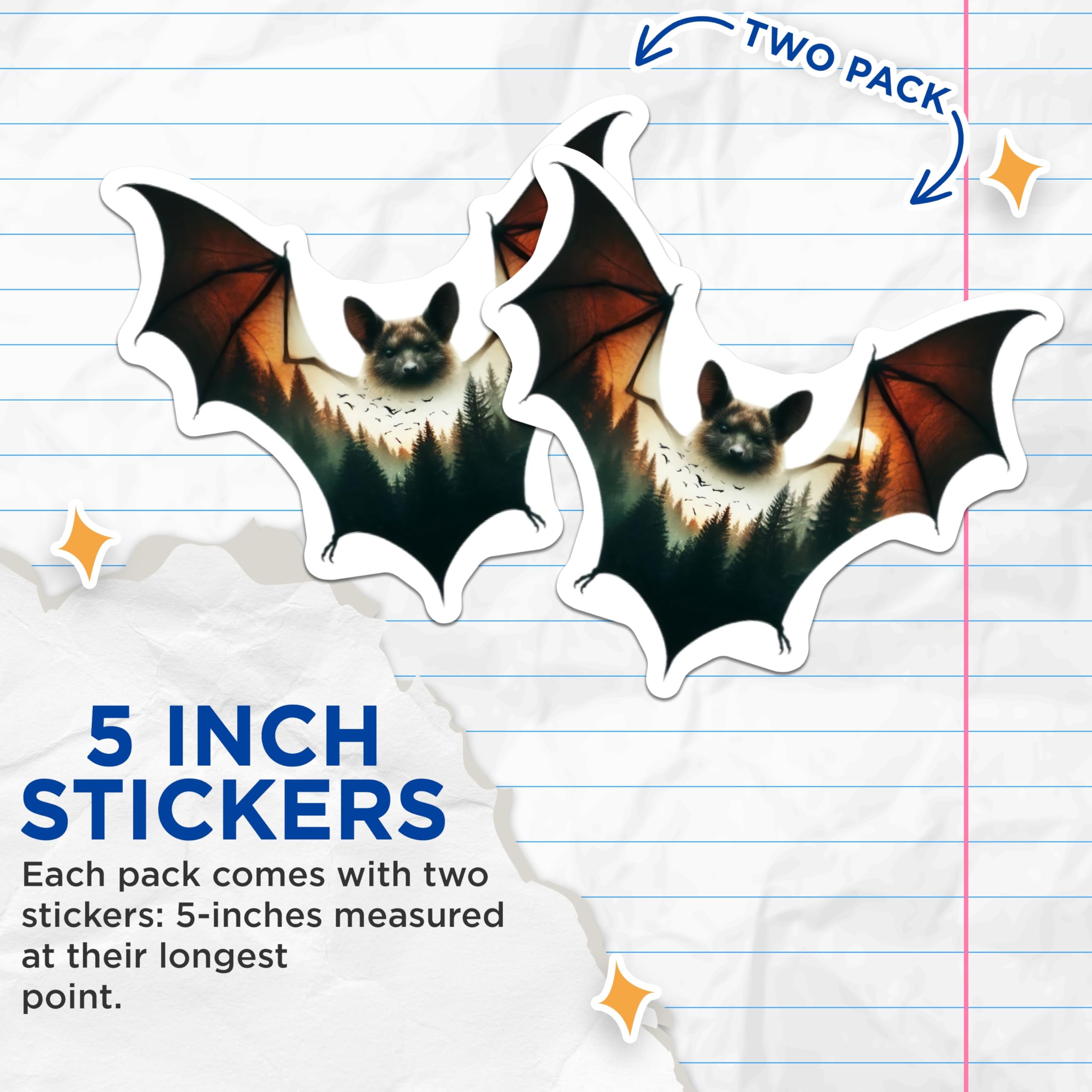 (2 Pack) Bat Forest Stickers - Nature Animal Decals - Laptop Hydroflask Sticker - 5" On Longest Side - Sticks to Smooth Flat Surfaces - Made in USA - BMCS15865