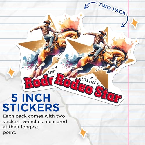 (2 Pack) Rodeo Star Stickers - Live Like A Cowboy - Western Rodeo Stickers - 5" On Longest Side - Sticks to Smooth Flat Surfaces - Made in USA - BMCS7173
