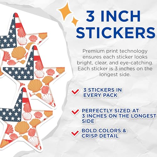(3 Pack) Nautical Star Decals - American Flag Seashells - Coastal Decals - 3 Inches On Longest Side - Easy Peel & Apply - Made in USA - 3MCS7738