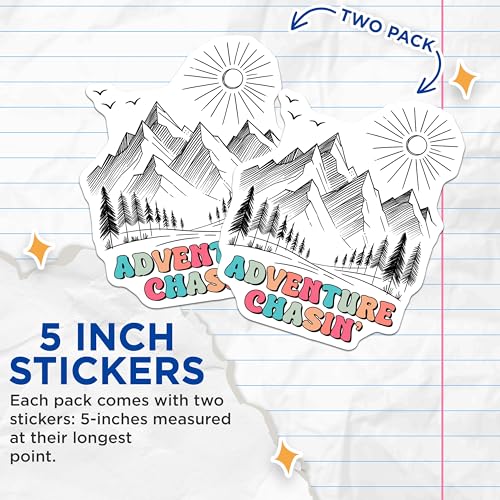 (2 Pack) Adventure Chasin' Stickers - Mountain Hiking Stickers - Outdoor Adventure Supplies - 5" On Longest Side - Sticks to Any Smooth Flat Surface - Made in USA - BMCS3279