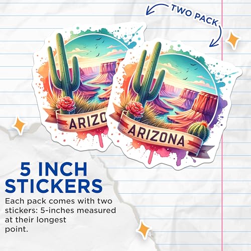 (2 Pack) Arizona Desert Stickers - Western Landscape - Cactus Grand Canyon Art - 5" On Longest Side - Sticks to Smooth Flat Surfaces - Made in USA - BMCS6814