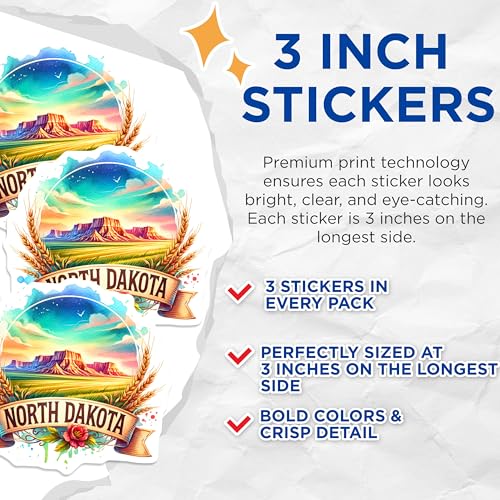 (3 Pack) North Dakota Decals - Watercolor Landscape - State Pride Laptop Decal- 3 Inches On Longest Side - Easy Peel & Apply - Made in USA - 3MCS5978