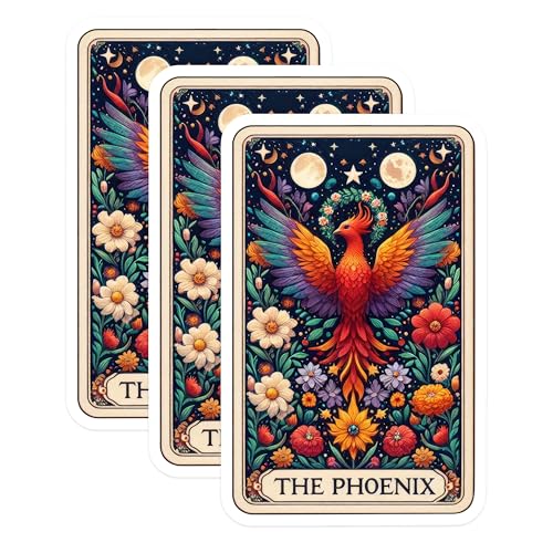 (3 Pack) Phoenix Tarot Decals - Floral Laptop Decals - Magical Bird Art - 3 Inches On Longest Side - Easy Peel & Apply - Made in USA - 3MCS4243