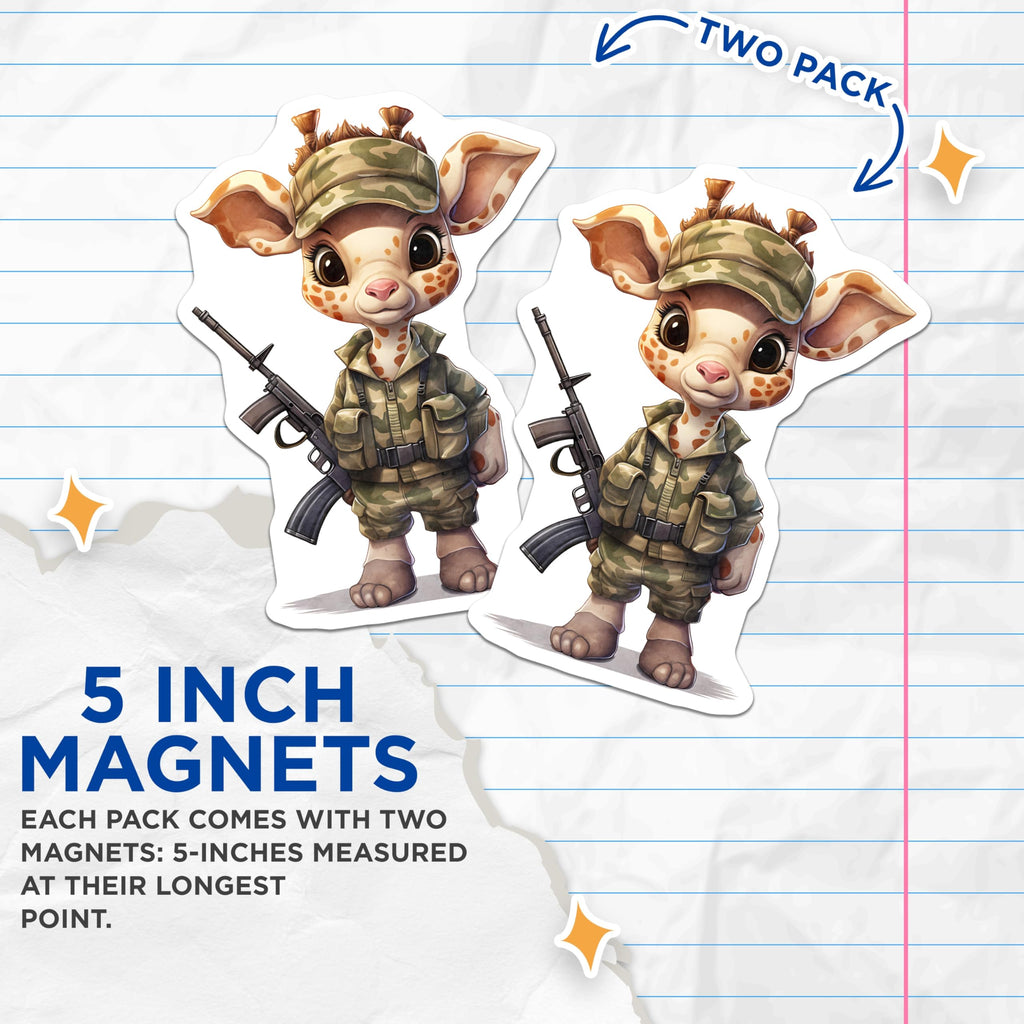 (2 Pack) Giraffe Soldier Magnets - Armed Animal Artwork - Whimsical Refrigerator Decor - 5" On Longest Side - Premium Magnet - for Cars, Refrigerators, Toolboxes, Lockers - Made in USA - MAG16565