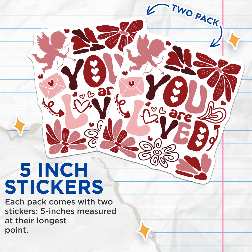 (2 Pack) You are Loved Stickers - Cupid Arrow Stickers - Valentine's Day Decor - 5" On Longest Side - Sticks to Any Smooth Flat Surface - Made in USA - BMCS3618