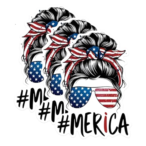(3 Pack) Messy Bun American Flag Decals - Patriotic Woman Decals - USA Pride Decals - 3 Inches On Longest Side - Easy Peel & Apply - Made in USA - 3MCS0602