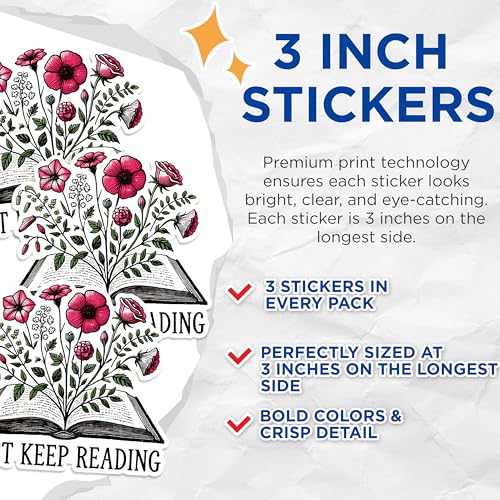 (3 Pack) Book Lover Decals - Floral Book Stickers - Just Keep Reading Laptop Decal - 3 Inches On Longest Side - Easy Peel & Apply - Made in USA - 3MCS1567
