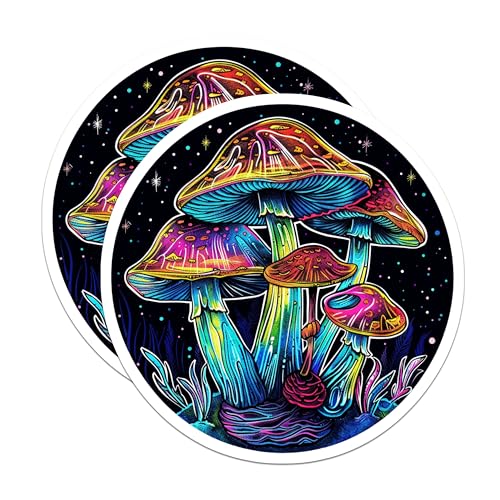 (2 Pack) Psychedelic Mushroom Stickers - Neon Mushrooms - Trippy Art Sticker Decal - 5" On Longest Side - Sticks to Smooth Flat Surfaces - Made in USA - BMCS7145