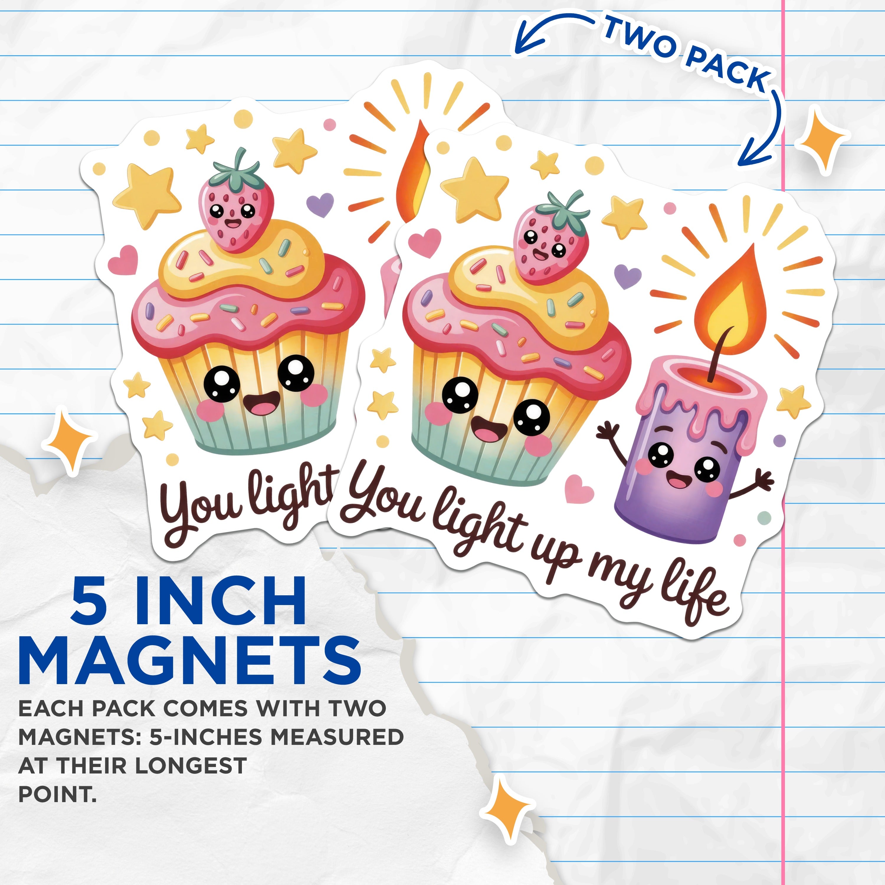 (2 Pack) Cute Love Magnets - Kawaii Aesthetic Decor - Sweet Cupcake Candle Quote - Refrigerator Locker Accent Decor - 5 Inches On Longest Side - Thick Durable Magnet - Made in USA - MAG38952