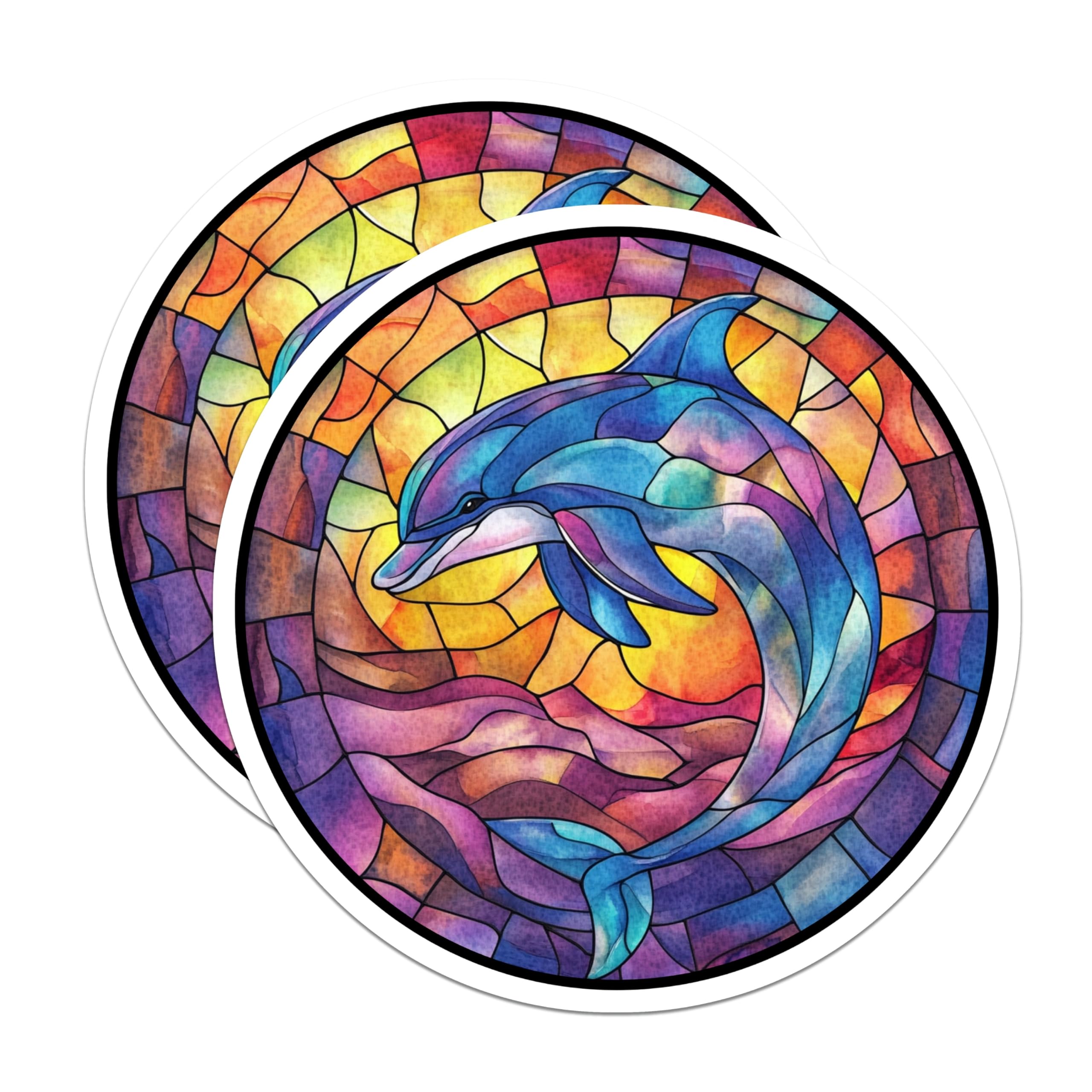 (2 Pack) Stained Glass Dolphin Magnets - Vibrant Ocean Life Decor - Coastal Kitchen Aesthetic - Unique Marine Art - 5 Inches On Longest Side - Thick Durable Magnet - Made in USA - MAG30318