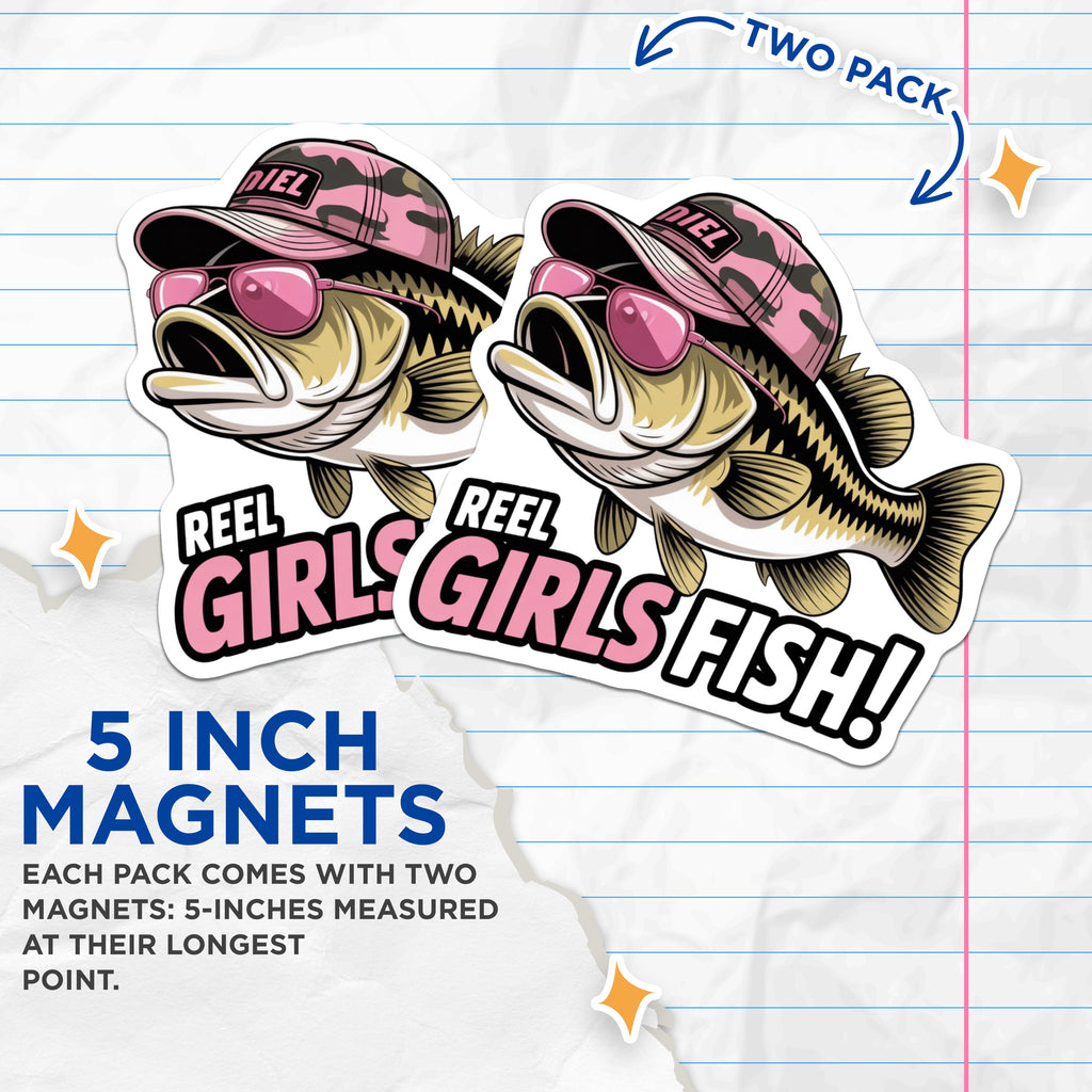 (2 Pack) Reel Girls Fish Magnets - Funny Bass Fishing Angler Lady - Fisherwoman Outdoor Enthusiast Design - 5 Inches On Longest Side - Thick Durable Magnet - Made in USA - MAG37923