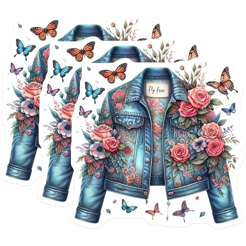 (3 Pack) Floral Jacket Decals - Butterfly Art - Laptop Decals - 3 Inches On Longest Side - Easy Peel & Apply - Made in USA - 3MCS7640