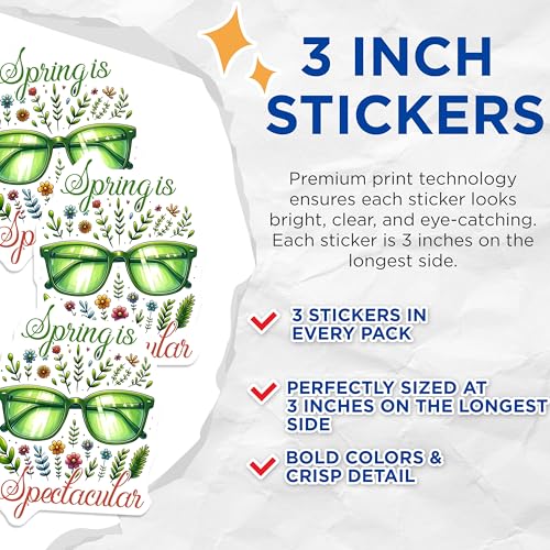 (3 Pack) Spring is Spectacular Decals - Floral Sunglasses Art - Seasonal Stickers - 3 Inches On Longest Side - Easy Peel & Apply - Made in USA - 3MCS6844