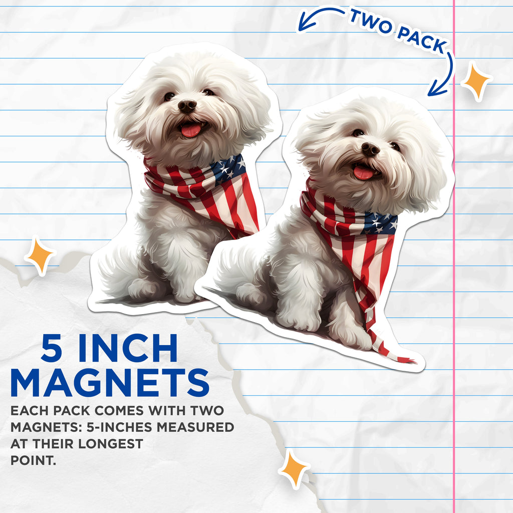 (2 Pack) Maltese Dog Magnets - Patriotic American Flag Puppy Decor - 4th of July Memorial Day Fridge Locker Magnets - 5 Inches On Longest Side - Thick Durable Magnet - Made in USA - MAG36720