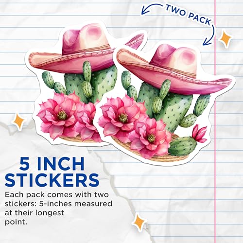 (2 Pack) Cactus Hat Stickers - Flowering Cactus Stickers - Boho Plant Art Stickers - 5" On Longest Side - Sticks to Any Smooth Flat Surface - Made in USA - BMCS3387