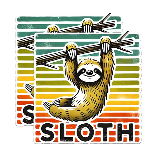(2 Pack) Sloth Hanging Stickers - Cute Animal Stickers - Retro Sloth Design Stickers - 5" On Longest Side - Sticks to Any Smooth Flat Surface - Made in USA - BMCS2729