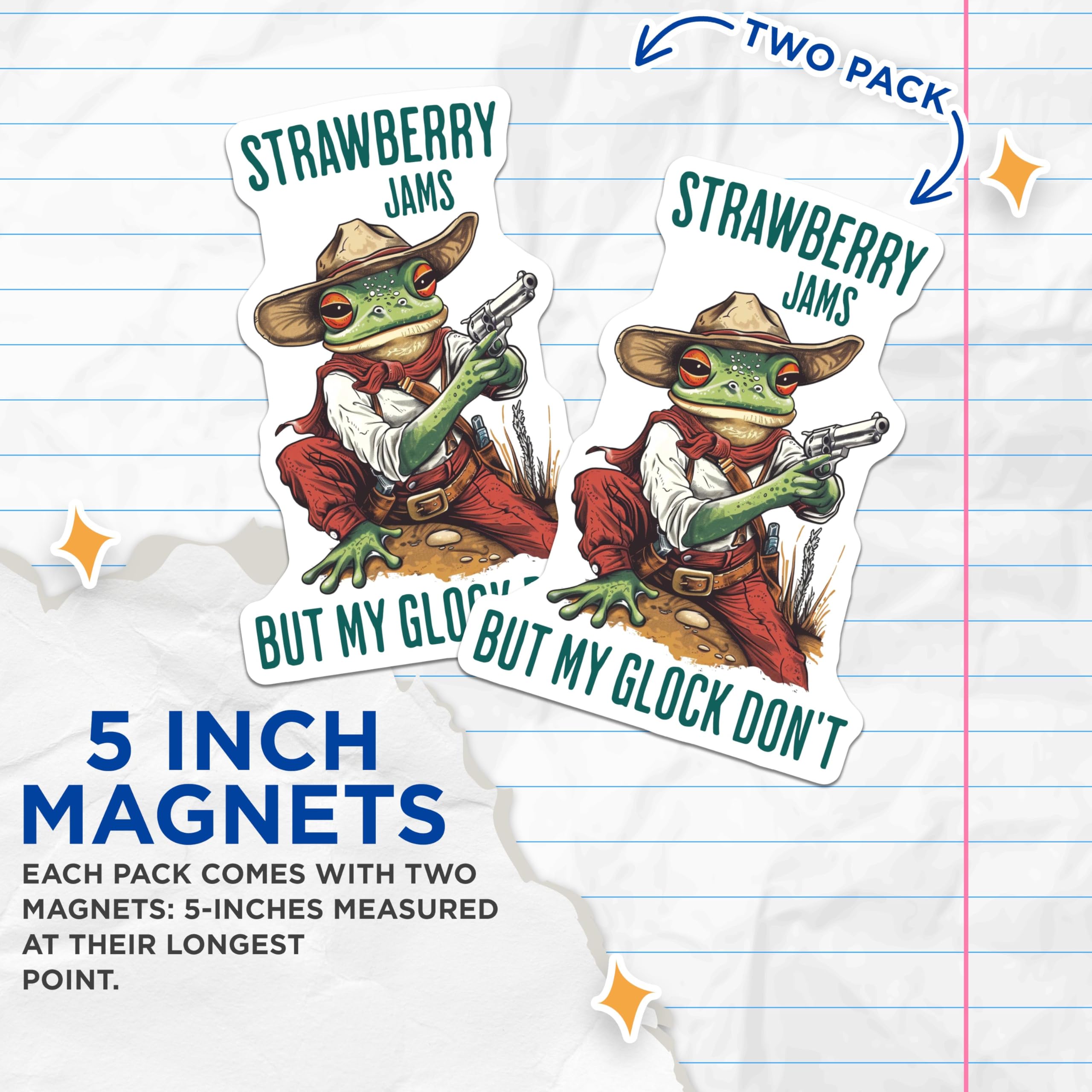 (2 Pack) Funny Cowboy Frog Magnets - Strawberry Jams Jokes Magnets - Humorous Frog Magnets - 5" On Longest Side - for Cars, Refrigerators, Toolboxes, Lockers - Made in USA BMCS3481