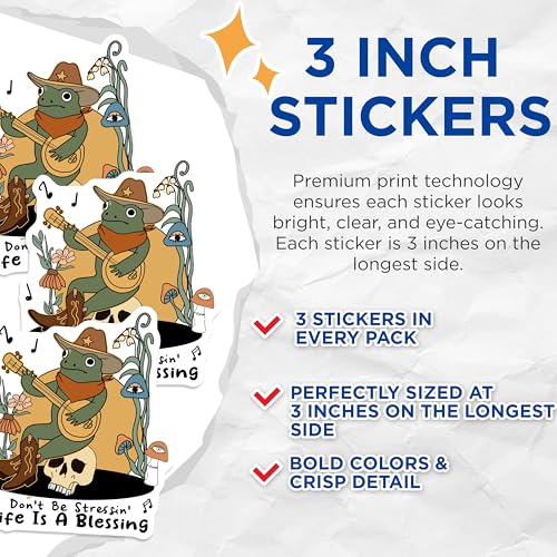 (3 Pack) Cowboy Frog Decals - Banjo Playing Sticker - Laptop Decal - Cute Cartoon Frog - 3 Inches On Longest Side - Easy Peel & Apply - Made in USA - 3MCS6031