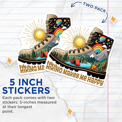 (2 Pack) Hiking Makes Me Happy Stickers - Outdoor Adventure Stickers - Camping and Nature Stickers - 5" On Longest Side - Sticks to Any Smooth Flat Surface - Made in USA - BMCS3261