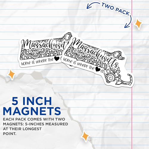 (2 Pack) Massachusetts Home is Where The Heart is Magnets Magnets - State Souvenir - Floral Design - 5" On Longest Side - Made in USA - Sticks to Refrigerators & Metal Surfaces - MAG9069