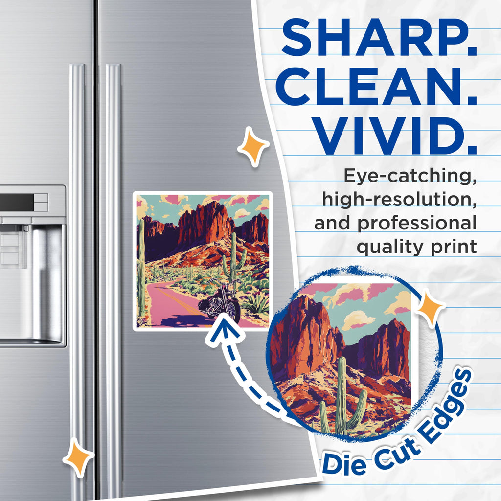 (2 Pack) Motorcycle Desert Magnets - Arizona Road Trip - Superstition Mountains Decor - 5" On Longest Side - Premium Magnet - for Cars, Refrigerators, Toolboxes, Lockers - Made in USA - MAG18299