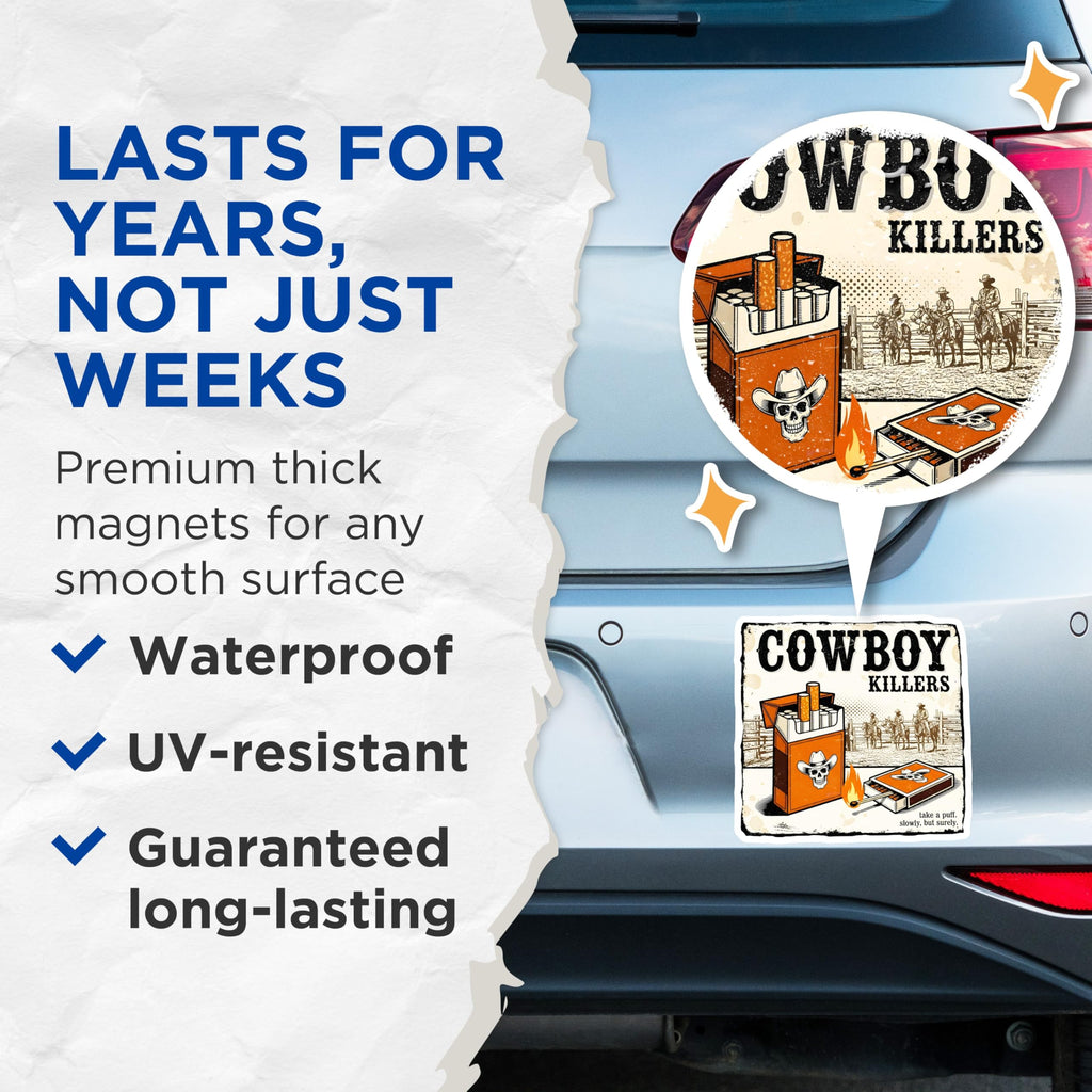 (2 Pack) Cowboy Killers Magnets - Western Art - Vintage Cowboy Skull Design - 5" On Longest Side - Premium Magnet - for Cars, Refrigerators, Toolboxes, Lockers - Made in USA - MAG15893
