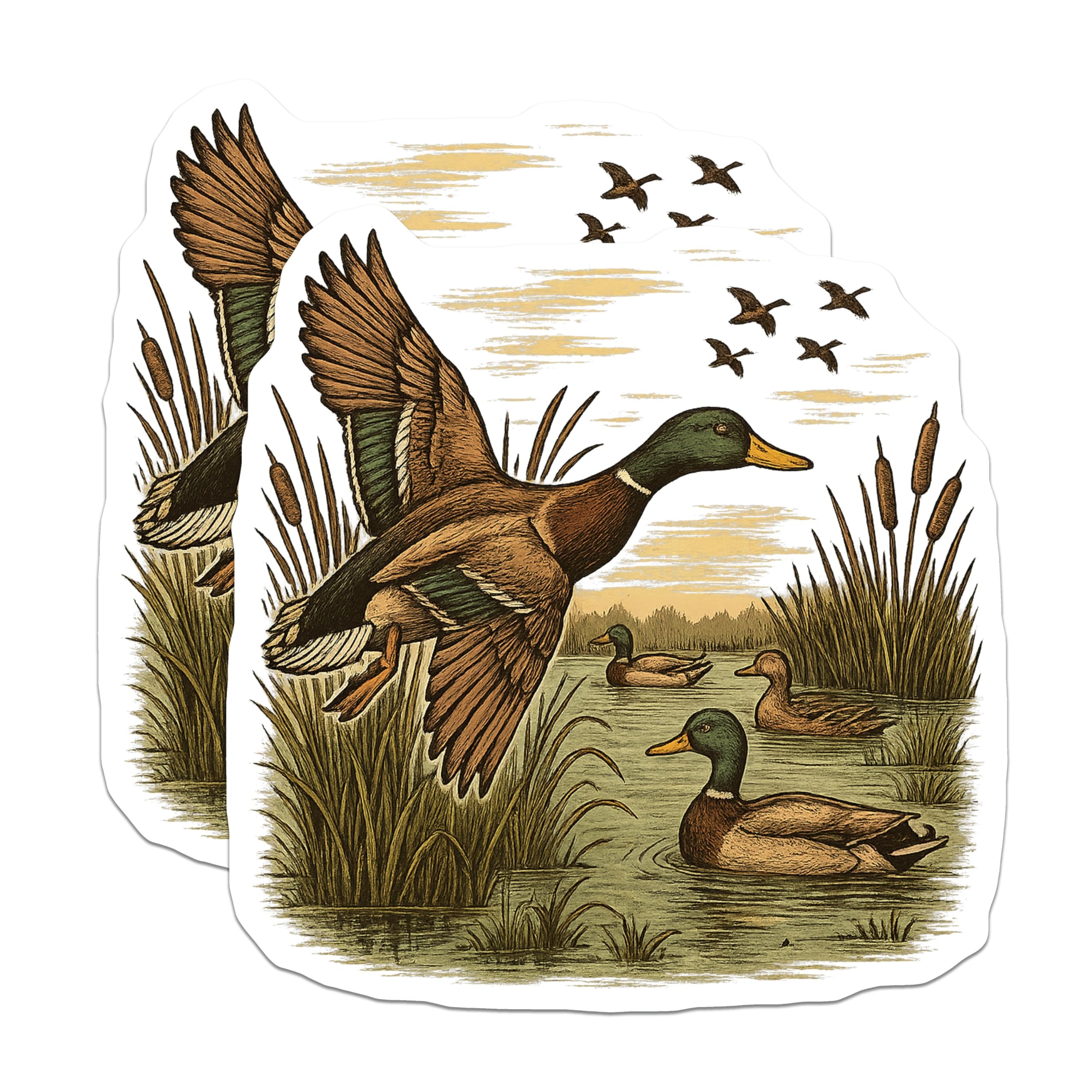 (2 Pack) Mallard Duck Flying Magnets - Waterfowl Pond River Scene - Wildlife Wetland Nature Art - Birdwatcher Fridge Display - 5 Inches On Longest Side - Thick Durable Magnet - Made in USA - MAG21777