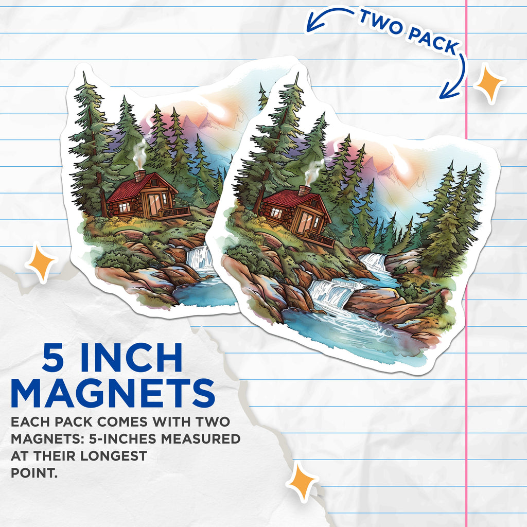 (2 Pack) Mountain Cabin Magnets - Waterfall Forest Scene - Rustic Nature Landscape Art - Refrigerator Decor - 5 Inches On Longest Side - Thick Durable Magnet - Made in USA - MAG36168