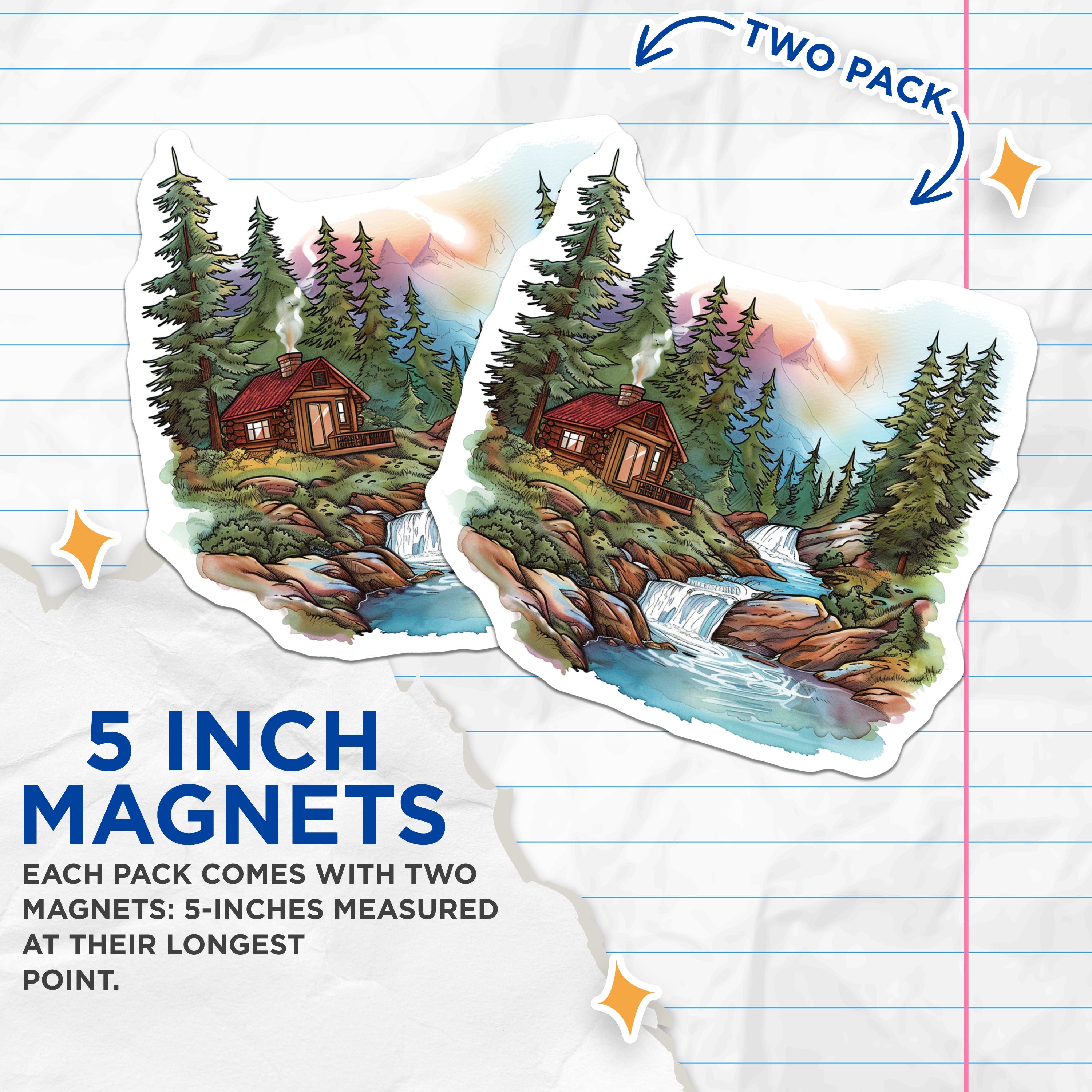 (2 Pack) Mountain Cabin Magnets - Waterfall Forest Scene - Rustic Nature Landscape Art - Refrigerator Decor - 5 Inches On Longest Side - Thick Durable Magnet - Made in USA - MAG36168