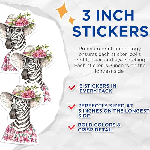 (3 Pack) Zebra Floral Hat Decals - Quirky Animal Stickers - Stylish Laptop Decorations - 3 Inches On Longest Side - Easy Peel & Apply - Made in USA - 3MCS8261