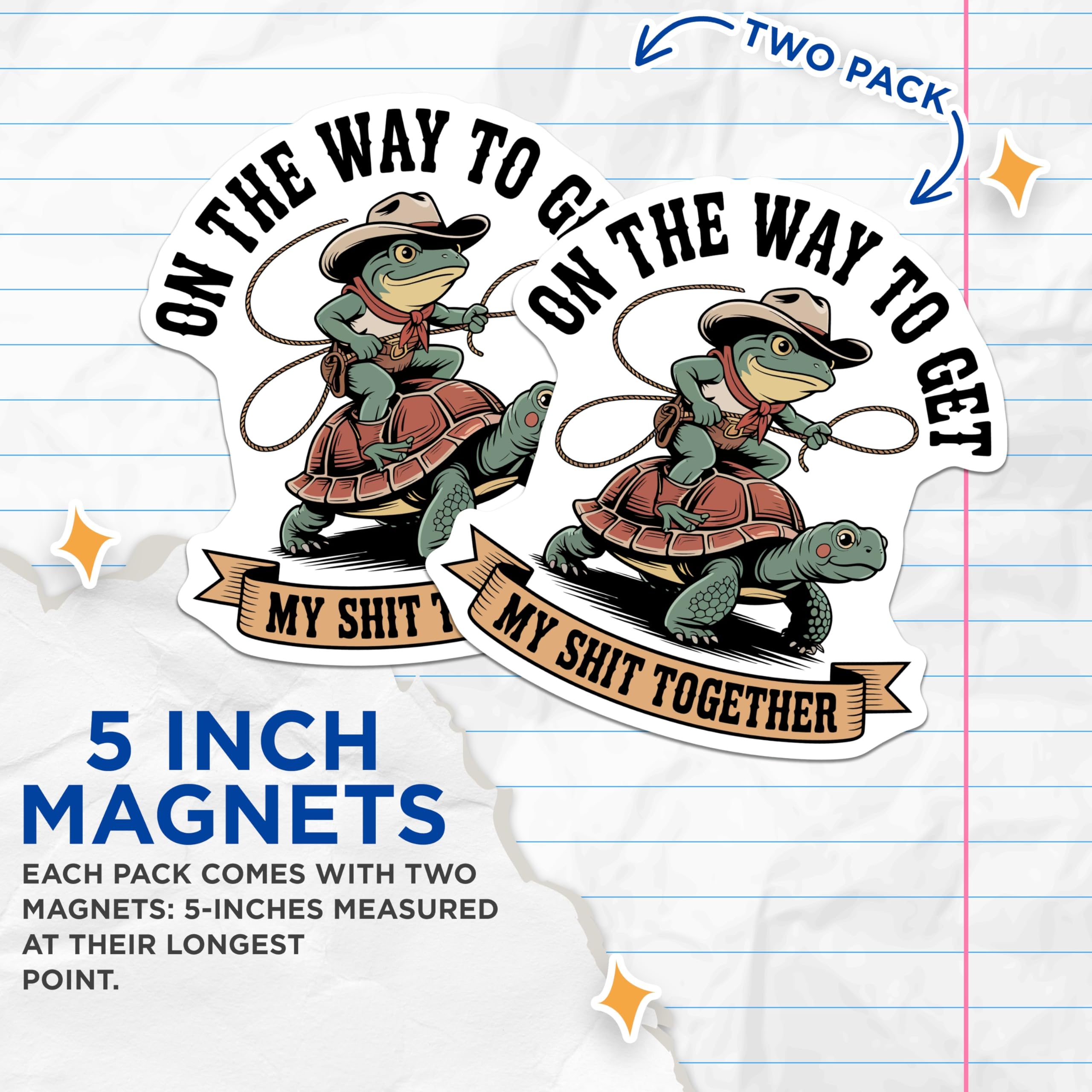 (2 Pack) Frog Turtle Cowboy Magnets - Humorous Amphibian Western Ride - Relatable Sarcastic Life Quote Kitchen Decor - 5 Inches On Longest Side - Thick Durable Magnet - Made in USA - MAG22783