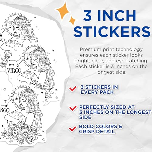 (3 Pack) Virgo Zodiac Sign Decals - Astrology Star Sign - Earth Sign Art - 3 Inches On Longest Side - Easy Peel & Apply - Made in USA - 3MCS4617